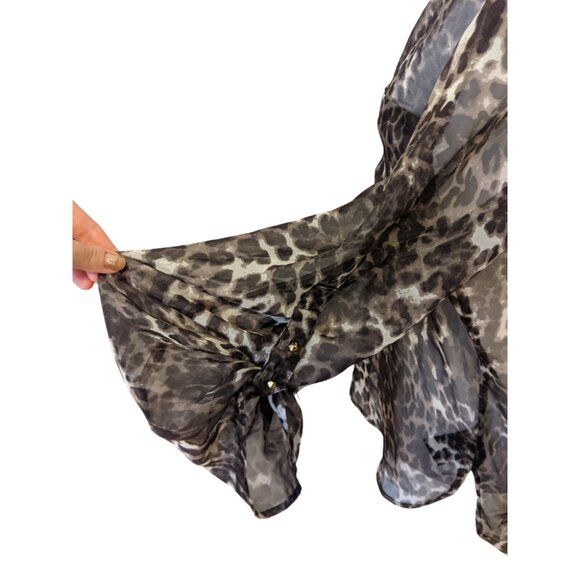 Como Black Womens Long Sleeve Blouse Leopard Print Sheer Henley Neckline Sz L - Picture 6 of 10